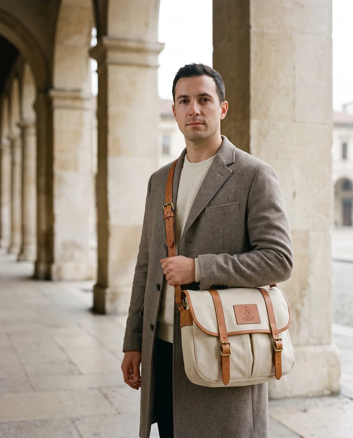 La borsa a tracolla in tela cerata e cuoio, con fibbie in ottone e la targhetta impressa a secco.
