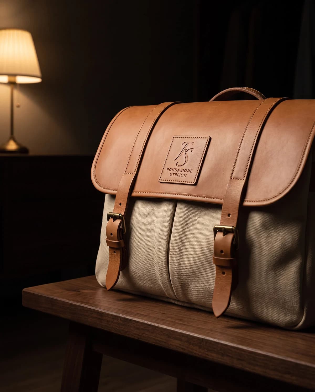 La borsa a tracolla in tela cerata e cuoio, con fibbie in ottone e la targhetta impressa a secco.