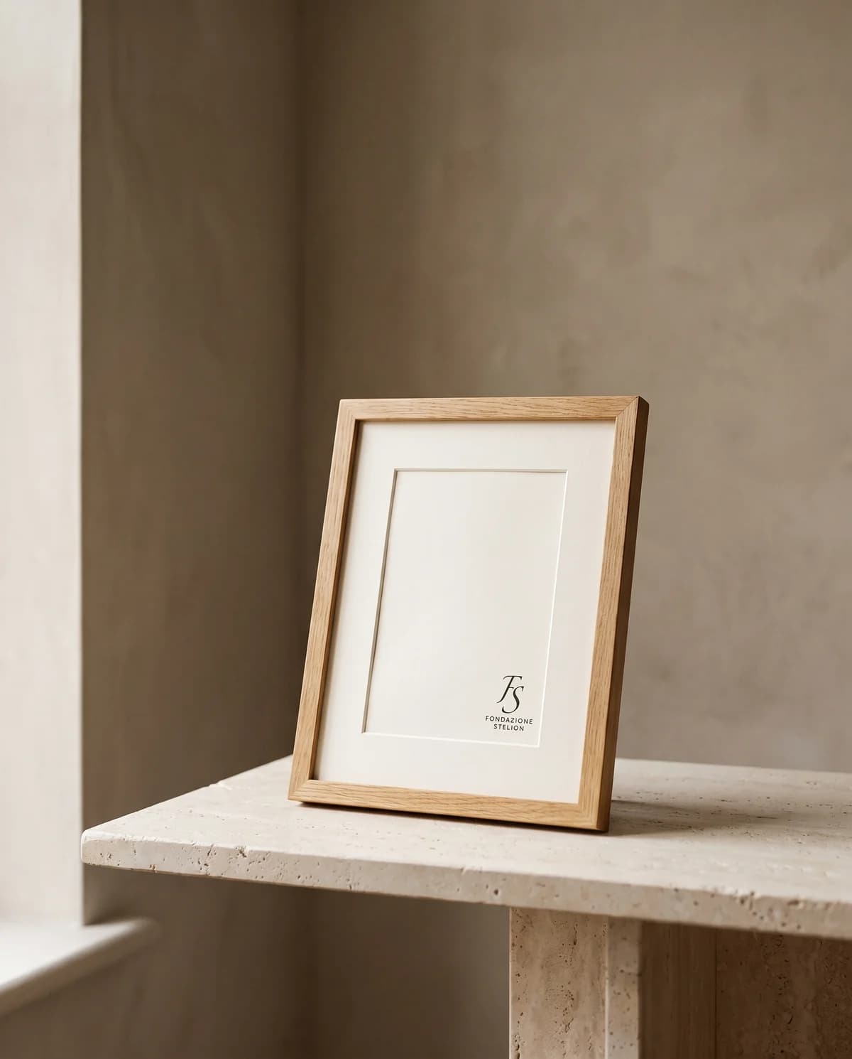 La cornice in rovere oliato con passe-partout color crema, vuota, in piedi.