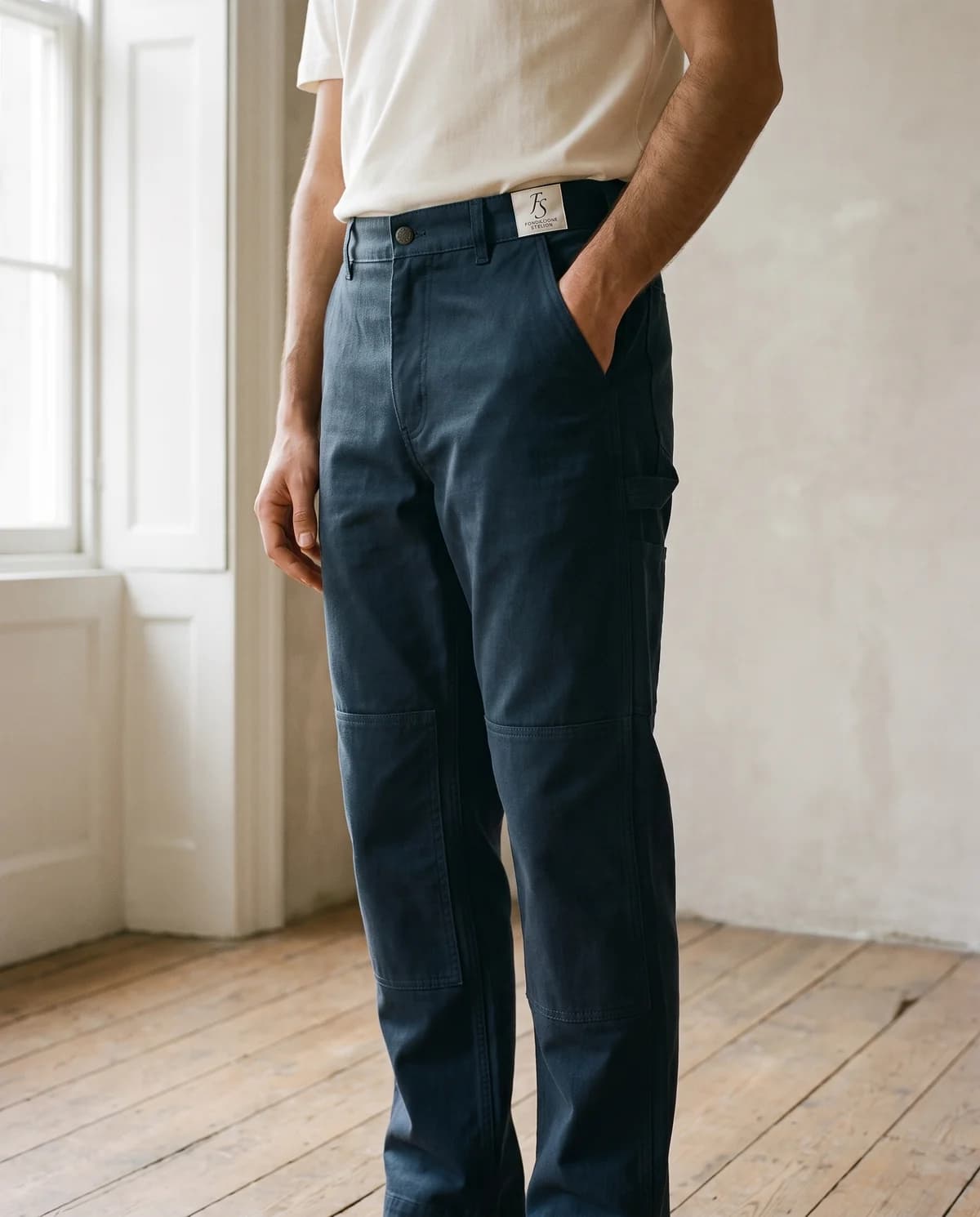 I pantaloni da lavoro in cotone blu inchiostro indossati, con le cuciture doppie e il ginocchio rinforzato in vista.